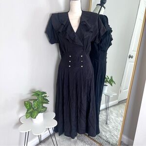 Nina Piccalino 80’s Black V-Neck Button Maxi Ruffle Slip Dress